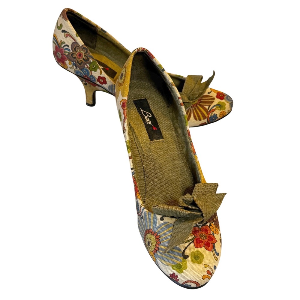 Vintage Y2K B.O.C. Floral Bow Kitten Heel Pumps Cottagecore Whimsy Size 8.5